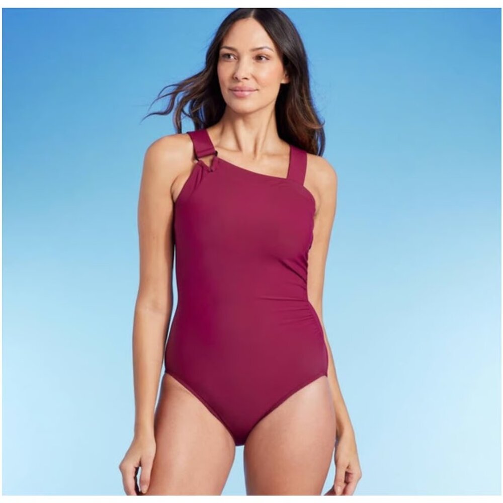 AQUA GREEN Women's Asymmetrical Shoulder One Piece Swimsuit Burgundy Small 4/6